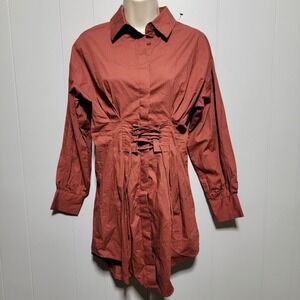 Shero Rust Cotton Long Sleeve Corset Waist Button Down Shirt Dress Small SDH0047